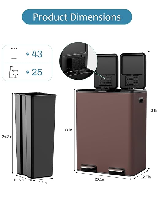 16 Gal (2 x 30 L) Dual Trash Can, Stainless Steel Kitchen Garbage Bin, Recycle Dustbin with Odor Control Box, Soft-Close Lid, Inner Buckets, Side Handle, Step Pedal, for Home Office