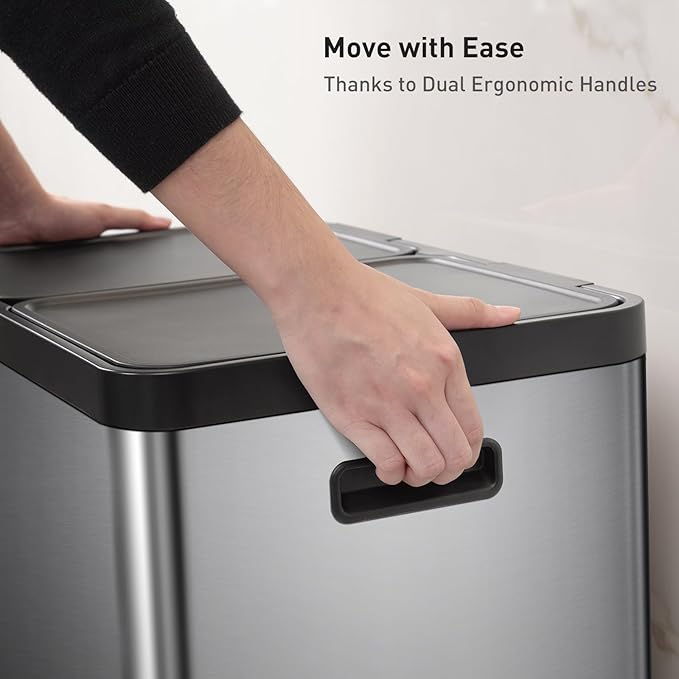 EKO Essential 8+8 Gallon Dual Trash Can, Kitchen Step Recycle Trash Can with Dual Removable Bucket, Independent Lids and Pedals, Brushed Stainless Steel