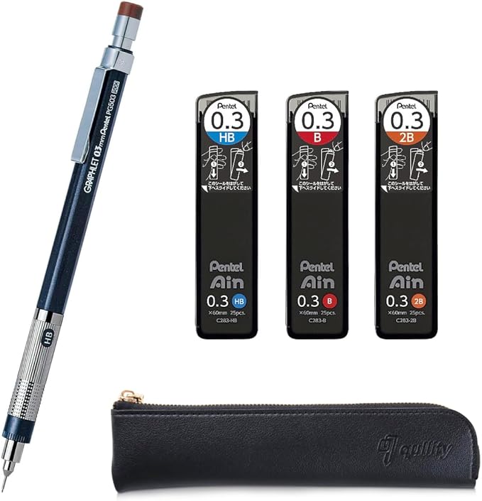 Graphlet Mechanical Drafting Pencil + Ain HB/B/2B leads, original Black slim pen case (0.3mm)