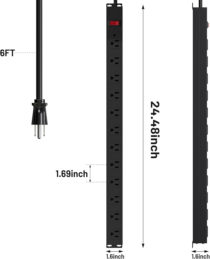12 Outlet Long Power Strip with 15A Circuit Breaker,Black Wall Mount Heavy Duty Power Strip with 6FT/14AWG/15A/125V Extension Cord for Industrial,Garge,Office,Home and School,Black(6FT)