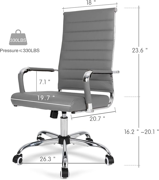 Home Office Chair Ribbed, Modern Leather Conference Room Chairs, Ergonomic Office Desk Chair, High Back Executive Computer Chair, Adjustable Swivel Chair with Arms (Grey)