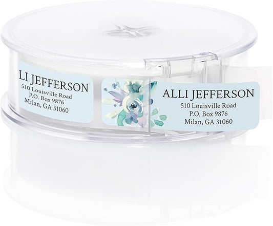 Blue Watercolor Floral Rolled Address Labels / 250 Personalized Return Address Labels/Designer Address Stickers in Elegant Plastic Dispenser