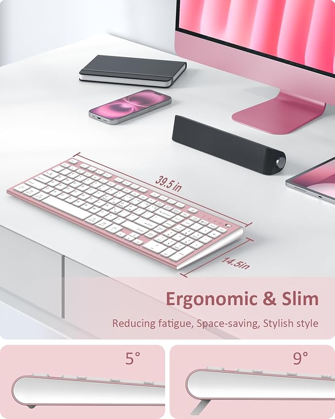 FENIFOX Wireless Keyboard, Bluetooth + USB Ergonomic Silent Quiet Rechargeable with Number Pad Cute Compact Full Size Multi Device Keyboards for iPad Tablet Mac Computer Surface PC MacBook Laptop Pink