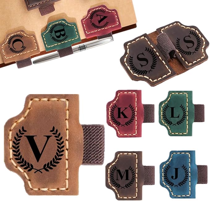 Custom Bookmark with Pen Holder with 26 Letters Personalized Magnetic Leather Book Mark, Customized Name Book Marker Clip with Initial for Men Women, Gifts for Book Lovers, Readers, (Brown, V)