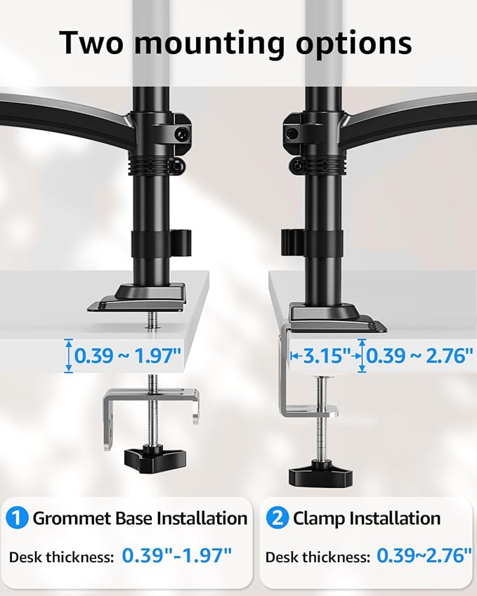 Dual Monitor Stand Holds 4.4-22 lbs Each, Dual Monitor Mount Height up to 26.6 inch, Gas Spring Monitors Arm for Max 32 inch Computer, VESA Mount with C-clamp & Grommet Mounting, Freelift Black