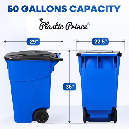 50-Gallon Recycle Rollout Trash Can with Lid, Commercial Heavy-Duty Container with Wheels, Blue