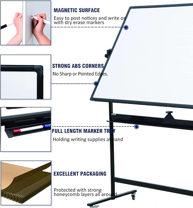 72" x 40" Height-Adjustable Mobile Whiteboard | Double-Sided Magnetic Dry Erase Board on 360° Rolling Stand | Large Reversible Black Whiteboard for Office, Classroom & Home