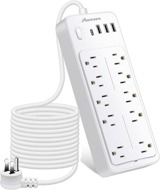 20FT Power Strips with Surge Protection 1625W/13A, 10 Outlets with 4 USB Ports (1 USB C) Long Extension Cord with Multiple Outlets 14-in-1 1700J 16Awg Flat Plug Power Strip Protector White ETL Listed