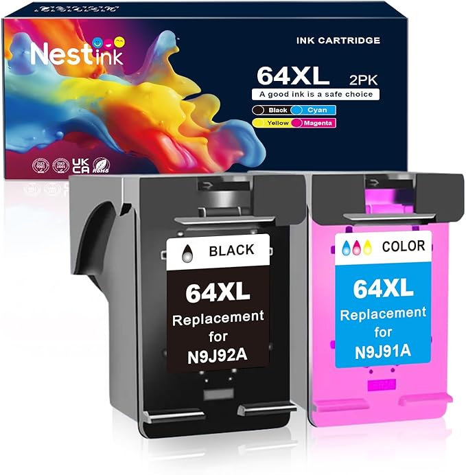64XL Ink Cartridges Black and Color Compatible for HP 64XL Ink Cartridge Combo Pack Compatible for HP 64 Ink Fit for Envy Photo 7855 7858 7155 7120 7800 6252 6255 7158 7100 7164 Tango Printer