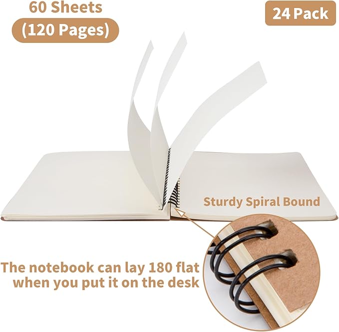 24 Pack A5 Spiral Notebook,Soft Cover,Blank Sketch,Wire-Bound Journal Notebook,120 Pages, Unlined Paper Diary Notebook for Office, Business, School Supplies
