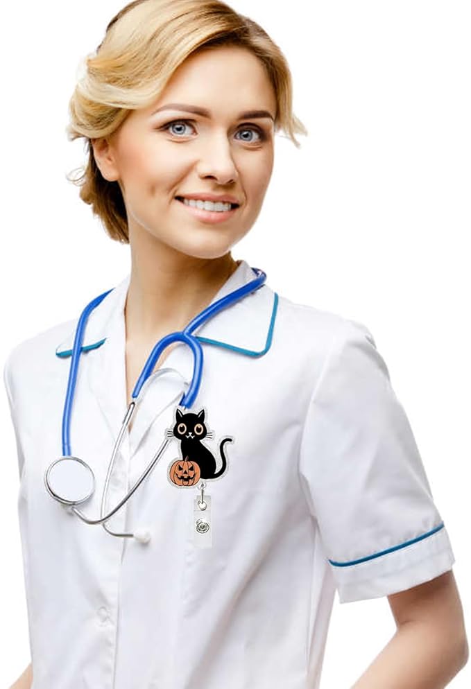 Halloween Badge Reels Retractable ID Name Badge Holder Cute Black Cat with Pumpkin Acrylic Badge Clip with Alligator Clip for Nurses Doctors Office Worker Social Worker Student Supplies