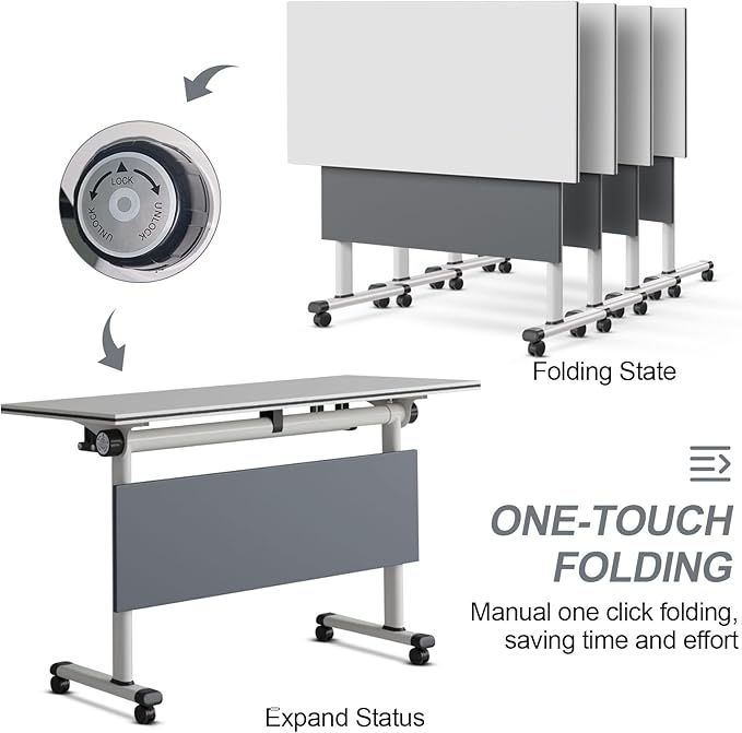 Folding Conference Table, Modern Large Conference Room Tables with Flip-Top Design, Foldable Conference Table Meeting Table with Wheels, Mobile Seminar Training Tables for Office Classroom (2, Gray)