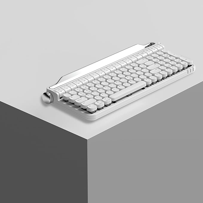 ACTTO B705 Retro Typewriter Keyboard Bluetooth,Vintage Mechanical Keyboard with Tablet Stand,LED Backlight 100 Keys Gaming Keyboard for Windows/macos/iOS/Android,Blue Switch (White)
