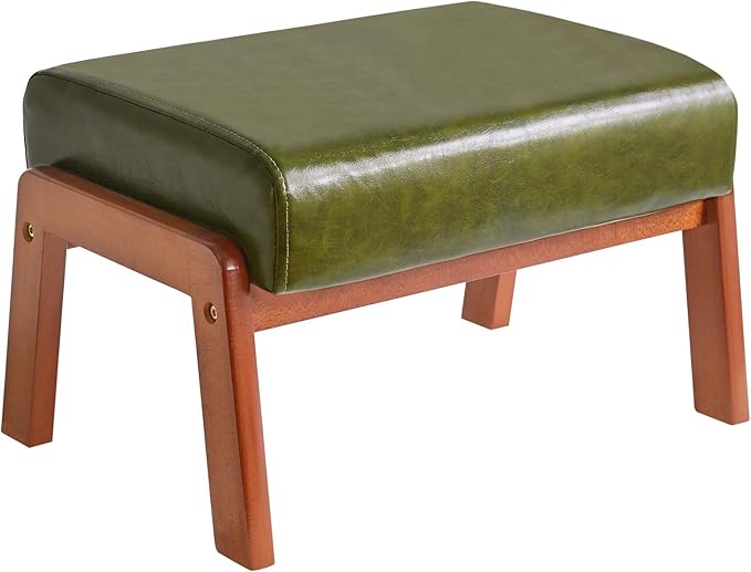IBUYKE 10.2” H Small Foot Stool Ottoman, Rectangle PU Faux Leather Foot Rest with Padded Seat and Wood Legs, Modern Accent Ottoman Foot Rest for Living Room Bedroom Couch Office, Dark Green WBD013GR