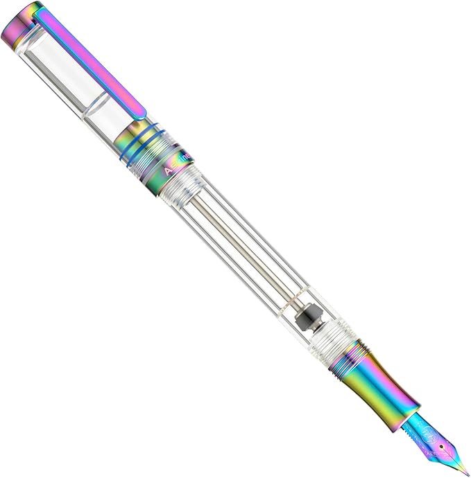 Asvine V200 Titanium Fountain Pen Vacuum Filling, Rainbow Bock Fine Nib Transparent Acrylic Smooth Writing Pen Case Set