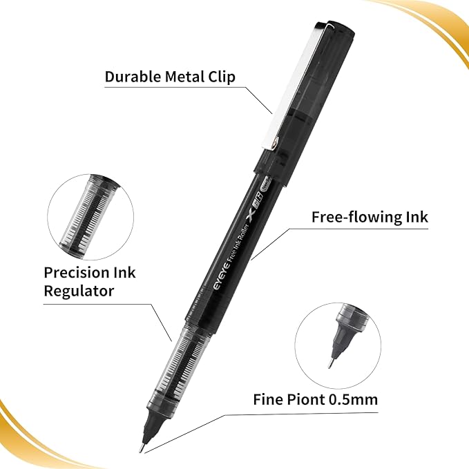 EYEYE 16 Packs Black Rollerball Pens, Liquid Ink Quick Dry Gel Pen, 0.5mm Fine Needle Nib for Taking Notes Doodling, School Office Home Supplies