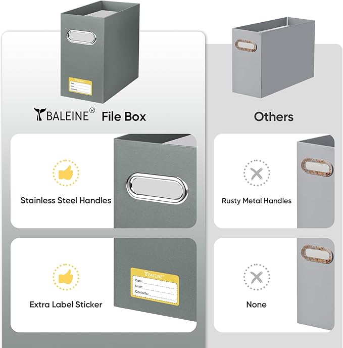 BALEINE File Organizer Box, Cardboard File Folder Organizer with Handle for Letter Size, Portable Collapsible Hanging Filing Box for Home Office Document Storage (4 Pack, Grey)