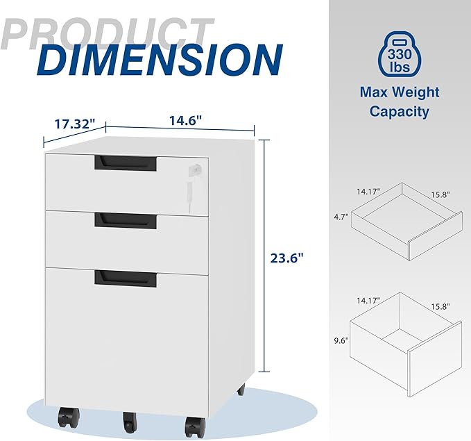 3 Drawer Vertical File Cabinets, Mobile Filling Cabinet with Lock for Legal/Letter Size, Pre-Built Office Storage File Cabinet with Wheels Under Desk - Fully Assembled