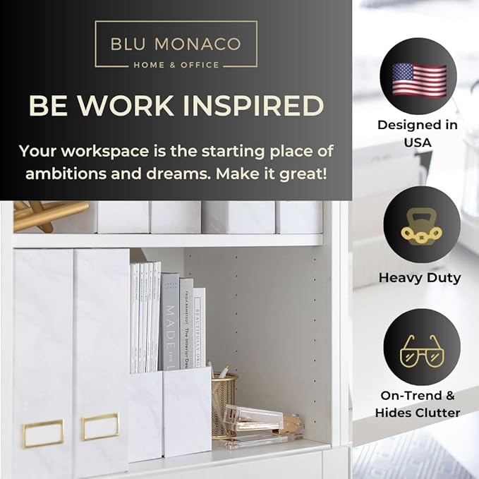 BLU MONACO Set of 4 Magazine Holders, White Marble Design with Gold Label Holders, File Holder for Desk, Magazine Storage for Home Office and Classroom