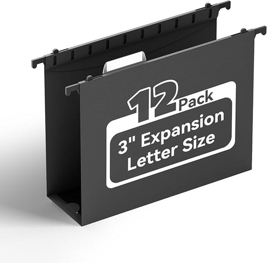 ANSOOK Plastic Hanging File Folders Letter Size, 3 Inch Reinforce Expanding File Folder,12 Pack Black Folders,File Cabinet Folders with Insertable Tabs,Accordion File Organizer for Office Home School