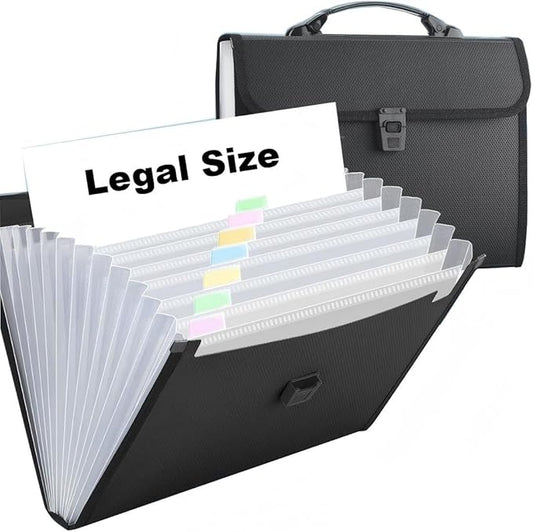 Extra Large Legal Size/Foolscap 12 Pockets Accordion File Organizer with Handle, TRANBO Portable Expanding File Folder, Expandable Plastic Document Organizer for Travel School Office - Black