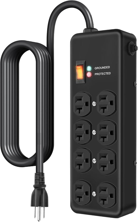 20Amp Power Strip Surge Protector, Durable Metal 8-Outlet with Heavy Duty 20 Amp 6Ft 12 Gauge Extension Cord, for Garage, Workshop & Industrial Use with 6-20R T-Slot Outlets, 4800J