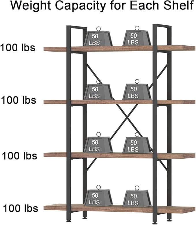 HSH Industrial 4 Tier Bookshelf, Modern Metal and Wood 4 Shelf Bookcase Etagere, Farmhouse Open Wide Display Storage Bookshelves and Bookcases Heavy Duty for Bedroom Living Room Office, Rustic Oak