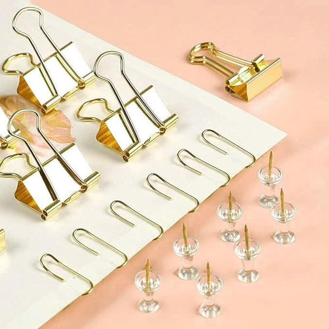 10 Pack, Gold Paper Clips and Binder Clips Set, Metal Assorted Sized Binders with Push Pins, Cute Gold Office Supplies for Desk, Desk Accessories