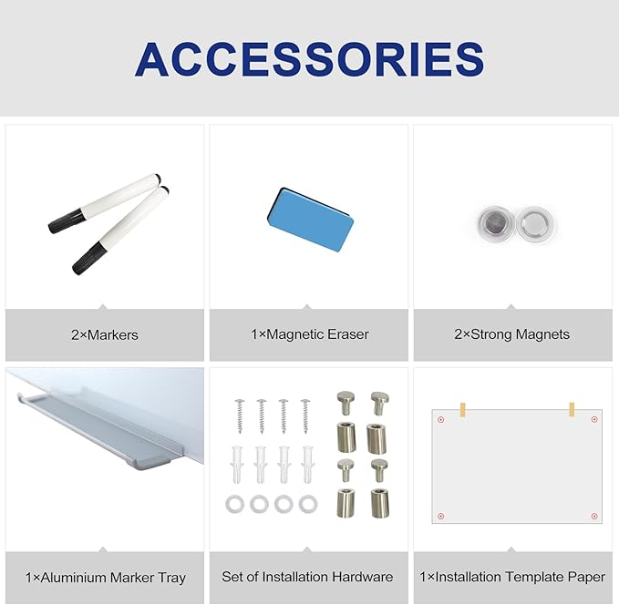 Glass Magnetic White Board - 36 x24 Inches Frameless Dry Erase Glass Whiteboard for Wall, Writing Board for Office, Classroom, Home and Presentation