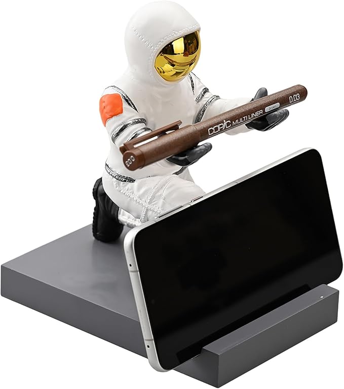 Astronaut Resin Pen Holder, Mobile Phone Stand, Device Stand, Desk Organizer Decorative Pen Holder (White&Golden)