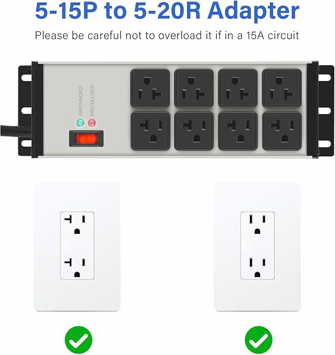 CCCEI Grey Heavy Duty Power Strip Surge Protector 20 AMP, 8 Outlets 12 Gauge Industrial Shop Garage Metal Multiple Outlets, 25 FT Extension Cord 5-15P Adapter High Amp 6-20R T-Slot 20a for Appliance