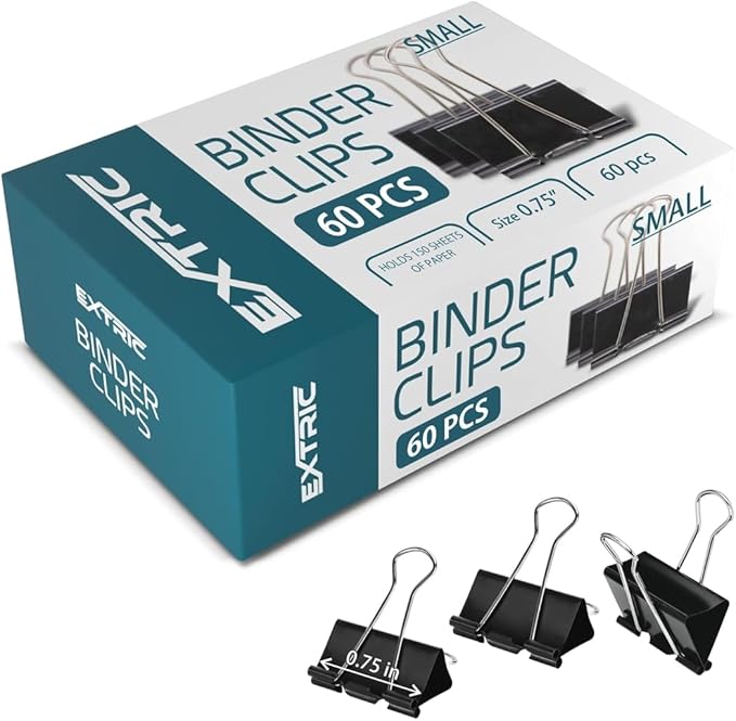 Binder Clips - 60 Pack Small Black Paper Clamps, 0.75 Inch, Holds 40+ Pages, File Clip for Home, Office and School Supplies