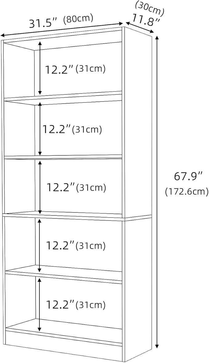 Bookshelves and Bookcases Floor Standing Tall Bookcase 5 Tier Display Storage Shelves Tall Bookcase Home Decor Furniture for Home Office(White 11.8" D x 31.5" W x 67.9" H)