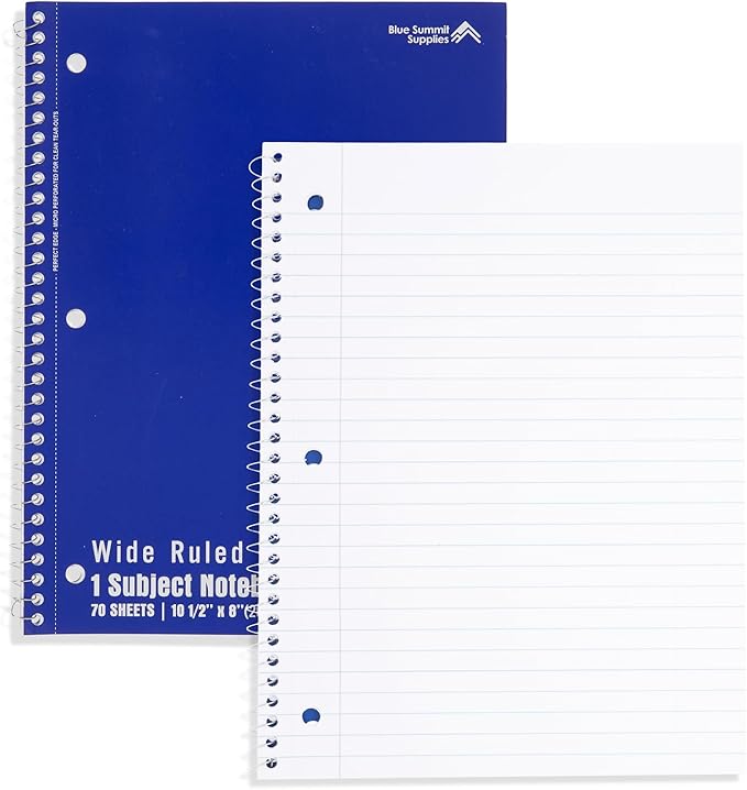 Blue Summit Wide Ruled Spiral Notebook, 1 Subject Spiral Notebook Wide Ruled, Paper School Notebooks Bulk, 12 Pack