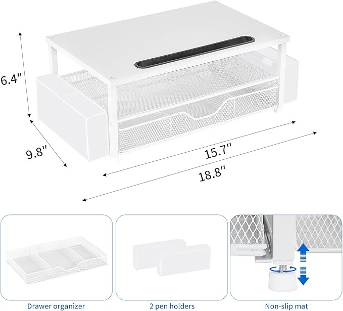 AUPSEN White Monitor Stand Riser, 2-Tier Wood Computer Desk Organizer with Drawer, Pen Storage & Phone Holder ，Office Desk Accessories Desktop Organizer for Office Supplies
