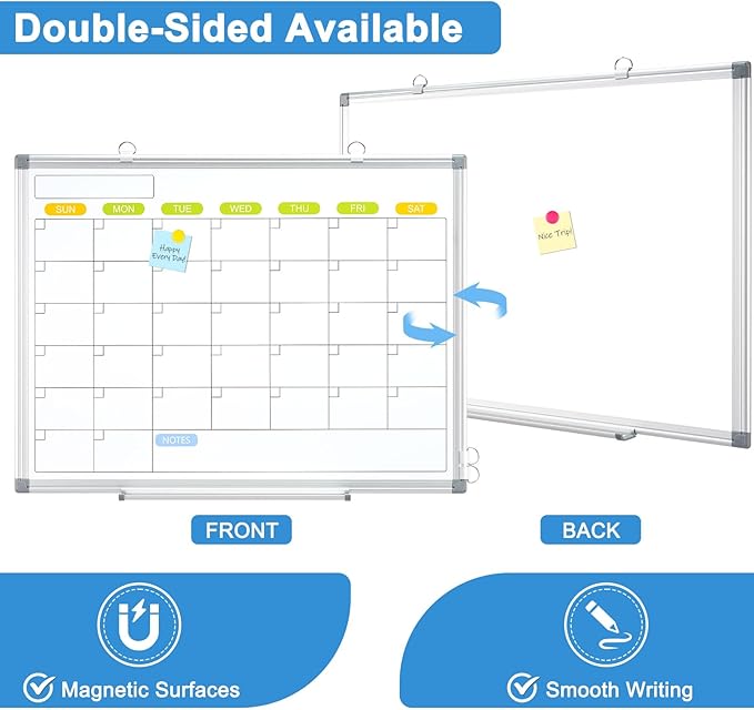 Dry Erase Calendar Whiteboard for Wall, WALGLASS 36" x 24" Magnetic White Board, Monthly Dry Erase Calendar with Silver Aluminum Frame, Double-Sided Hanging Portable Board for Office, Home, School
