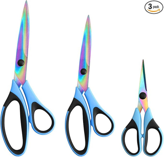 Craft Scissors Set of 3 Pack, All Purpose Sharp Titanium Blades Shears, Rubber Comfort Grip Handle, Multipurpose Fabric Scissors Tool Set Great for Office, Sewing, Arts, School and Home Supplies, Blue