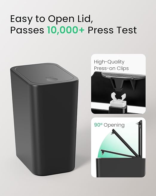 Cesun Bathroom Trash Can with Lid, 3 Pack 2.6 Gallon Small Black Garbage Can, Press Top Lid Trash Bin, Dog Proof Trash Cans Plastic Waste Basket for Bedroom Toilet Office