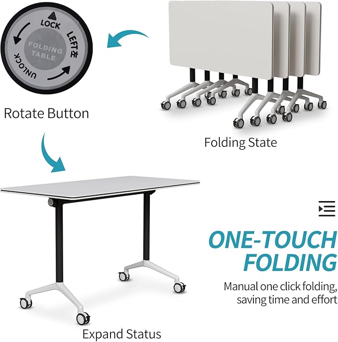 Folding Conference Table, Modern Conference Room Tables with Flip-Top Design, Foldable Conference Table Meeting Table with Wheels, Mobile Seminar Training Tables for Office Classroom (6, White 2)