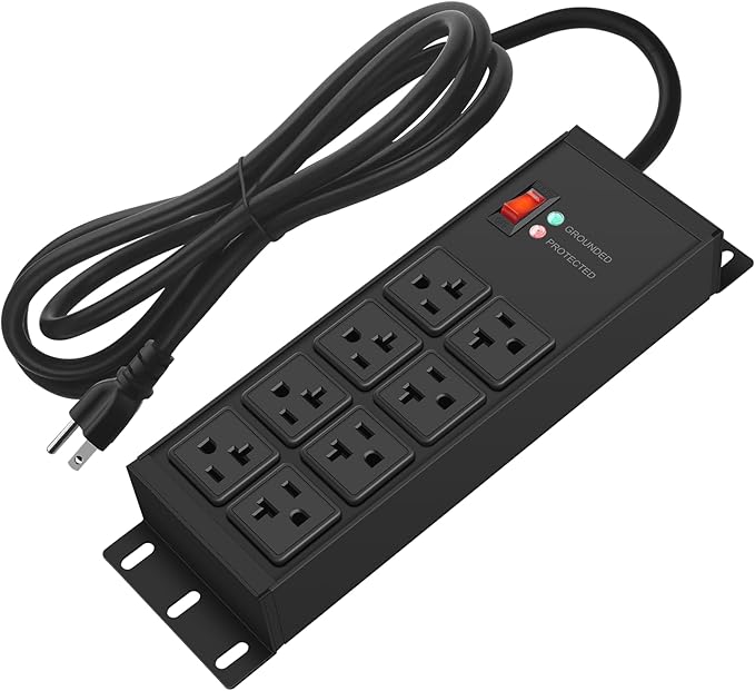 CCCEI Black Heavy Duty Power Strip Surge Protector 20 AMP, 8 Outlets 12 Gauge Industrial Shop Garage Metal Multiple Outlets, 10 FT Extension Cord 5-15P Adapter High Amp 6-20R T-Slot 20a for Appliance
