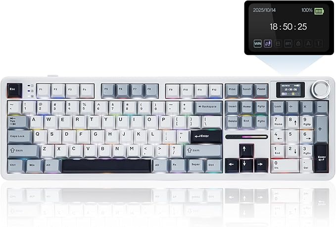 EPOMAKER X Aula F108 PRO Wireless Gaming Keyboard with Screen, 8000mAh Battery, 104 Hot-Swappable and Programmable Keys and Knob, RGB Backlight, for Mac/PC/Android (Blue&White)