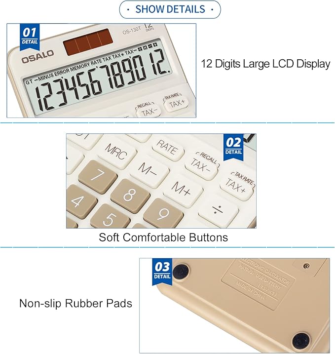 Desktop Calculator Large LCD Display 12 Digit Number Big Button Tax Financial Accounting Calculator, Battery and Solar Powered, for Desk Office Home Business Use(OS-130T Green)