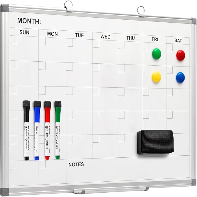 Comix Magnetic Dry Erase Calendar Whiteboard, 24 x 18 Inches Monthly Calendar Dry Erase Board for Wall, Aluminum Frame Planner White Board with Markers, Eraser, Magnets
