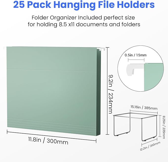 Hanging File Folders Letter Size, 25 Pack File Organizer Folders, 1/5-Cut Tabs with Hanging File Folder Frame, Heavy Duty No Extension, Stay Organized for Your Home and Office Bulk File