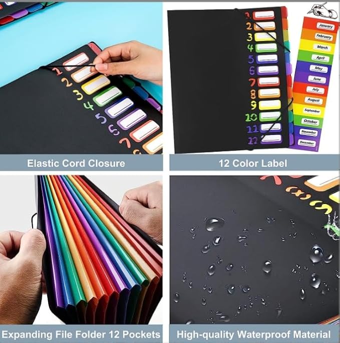 24 Clear Pocket Expanding File Folder with 12 Colored Tabs,Durable A4 Letter Size Organizer,Holds 300 Sheets, Project File Organizer, Numbered Index on Cover,Water-Resistant (Black)