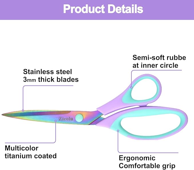 Craft Scissors Set of 3 pack, Sharp Rainbow Titanium Coating All Purpose Scissors, Ergonomic Semi-Soft Rubber Grip, Suitable for School, Office and Household Use, 9.2''/8.5''/5.6"