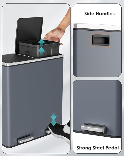 Arlopu 16 GallonStainless Steel Trash Can, 60L Dual Compartment, Metal Kitchen Step Recycle Bin, Metal Double Dustbin, in-Home Garbage Rubbish Can W/Removable Liner Buckets (Grey)