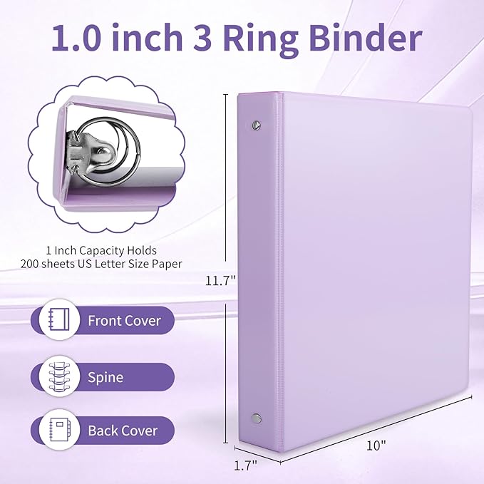 1" 3-Ring Binder, 1-inch Pastel Color Binders with 2 Inside Pockets, Clear View Cover Binder Holds 8.5'' x 11''Paper, Round Ring Binders for Office/Home/School, 6 Pack (Assorted 6 Colors)