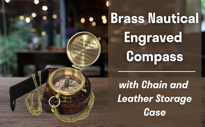 Brass Compass Engraved with Religious Scripture Verse - Ideal Gift for Son, Grandson, Daughter - Perfect for Baptism, Communion, Church and Graduation Day Present