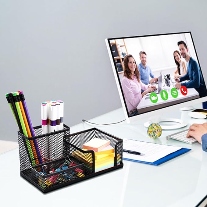 2 Pieces Pen Holder for Desk Mesh Metal Pencil Holders Pen Cup Marker Holder Desk Caddy with Sticky Notes Holder Pen Organizer for Office Supplies Workspace School Home Black